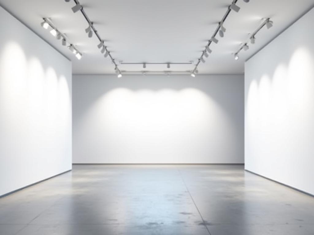 Espacio de galería vacío y bien iluminado, listo para una exposición.