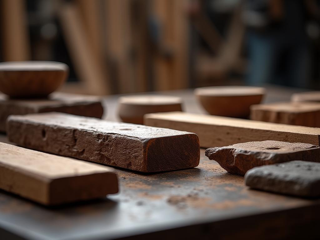 Primer plano de madera noble y metales en el taller.