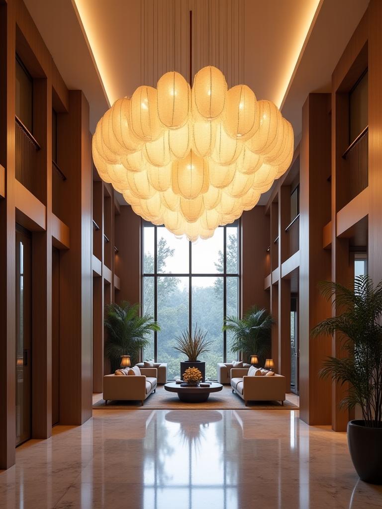Lámpara colgante a medida en el lobby de un hotel boutique.