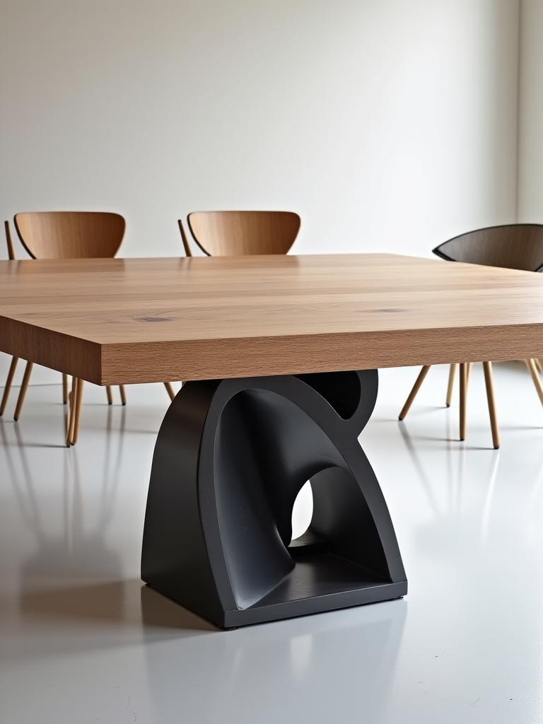 Mesa de comedor de diseño único con base metálica y sobre de madera maciza.