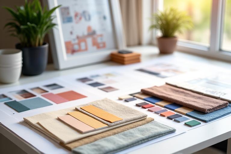 Paleta de colores y muestras de materiales en una mesa de diseño.
