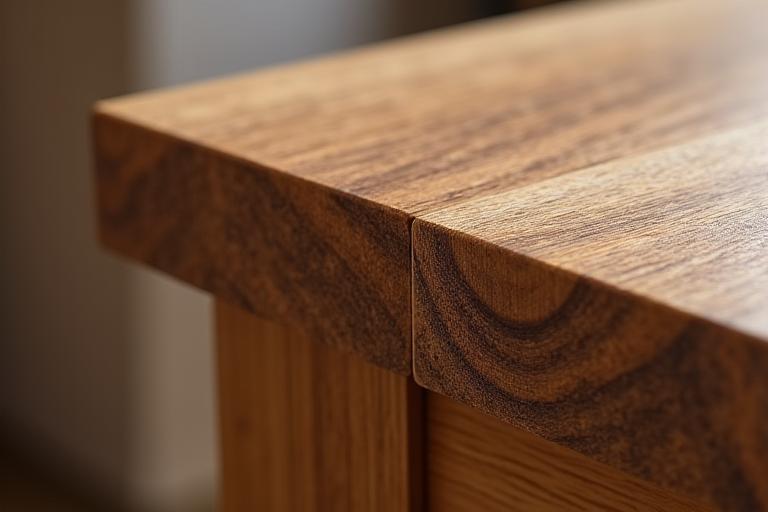 Detalle de la unión de una pata de una mesa de madera de roble.
